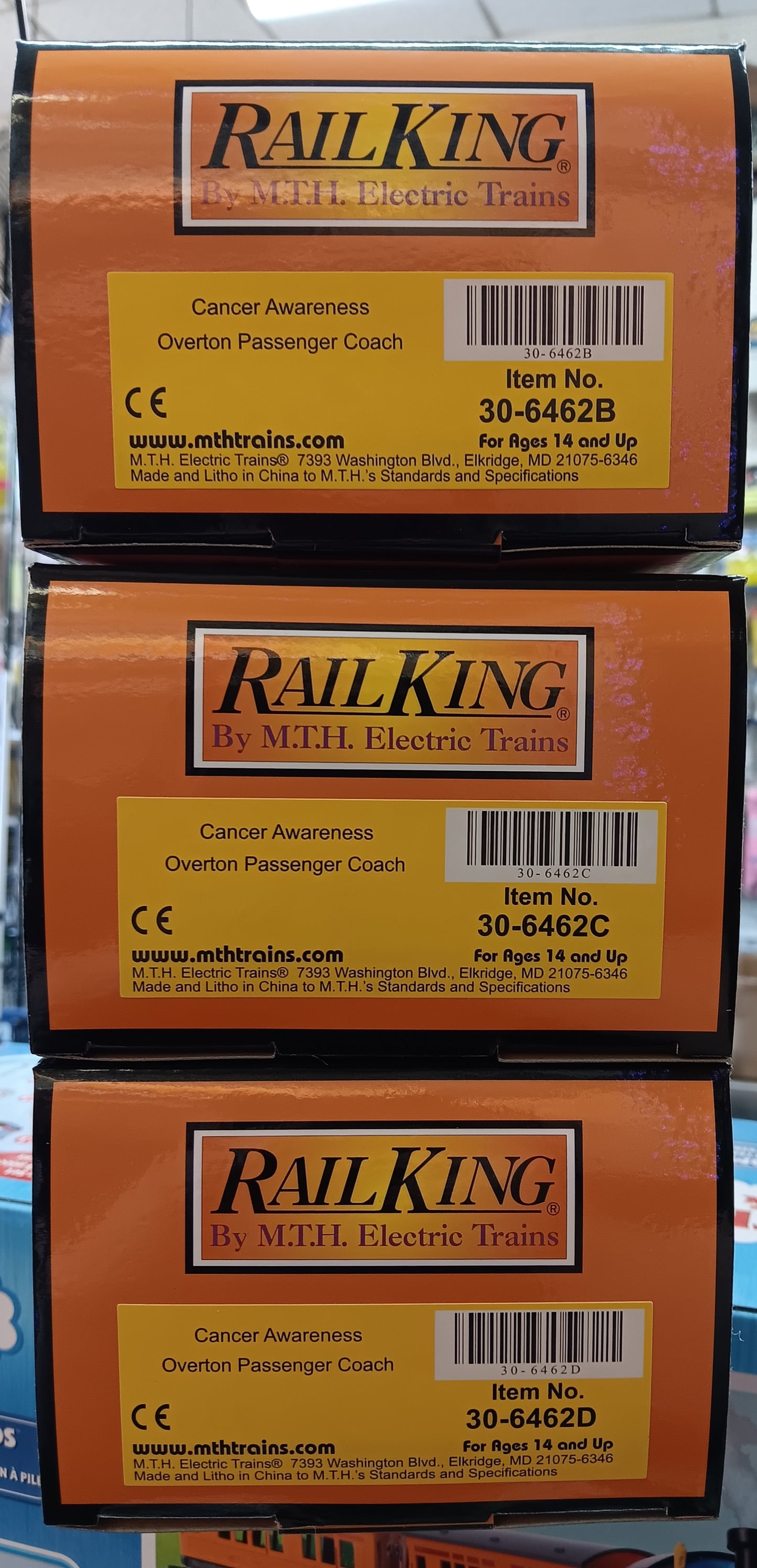 E-Z Catch Custom 30-6462 O Gauge RailKing Cancer Awareness 3-Car Overton Passenger Coach Set