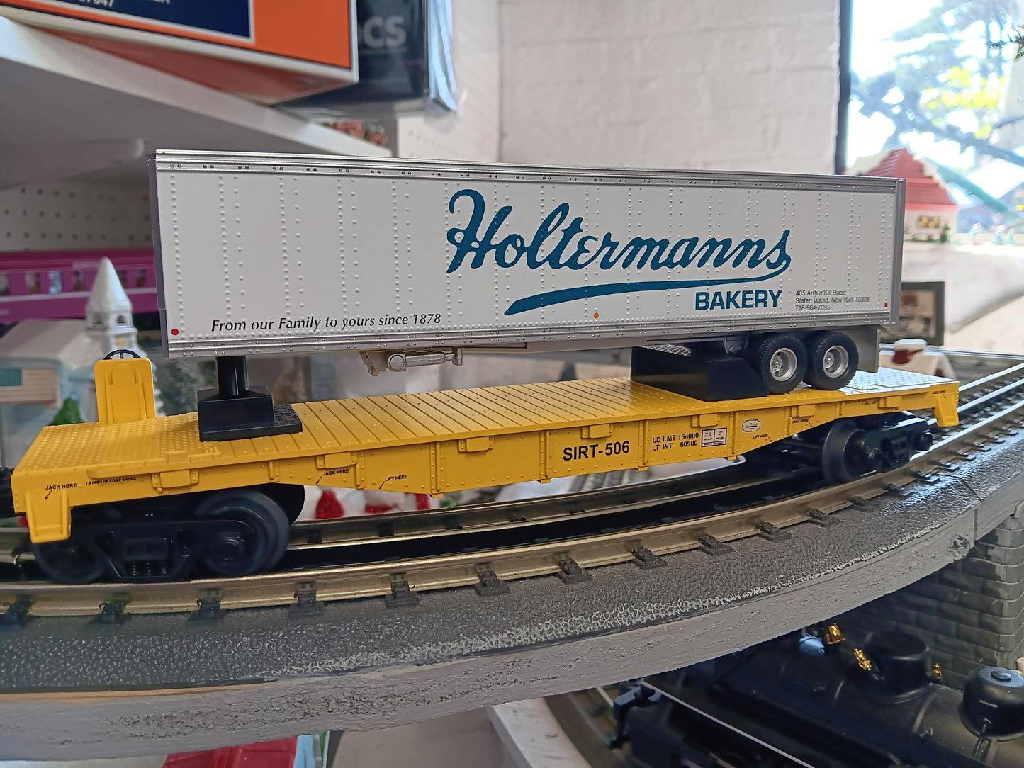 E-Z Catch Custom MTH # 30-78602 SIRT O Gauge Flat Car # 506 w/ HOLTERMANNS BAKERY Trailer