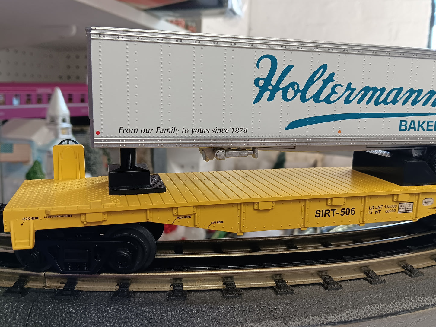 E-Z Catch Custom MTH # 30-78602 SIRT O Gauge Flat Car # 506 w/ HOLTERMANNS BAKERY Trailer