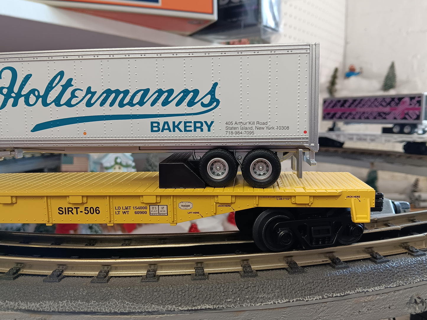 E-Z Catch Custom MTH # 30-78602 SIRT O Gauge Flat Car # 506 w/ HOLTERMANNS BAKERY Trailer