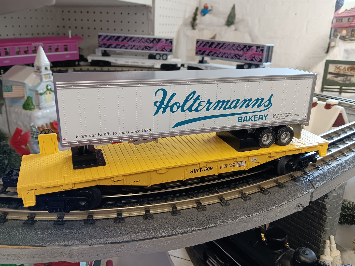 E-Z Catch Custom MTH # 30-78603 SIRT O Gauge Flat Car # 509 w/ HOLTERMANNS BAKERY Trailer