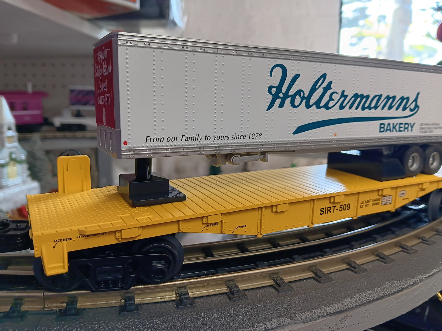 E-Z Catch Custom MTH # 30-78603 SIRT O Gauge Flat Car # 509 w/ HOLTERMANNS BAKERY Trailer