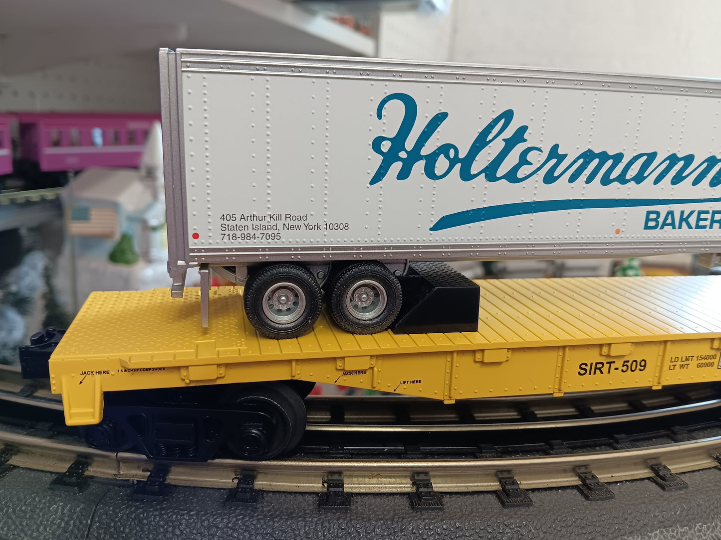 E-Z Catch Custom MTH # 30-78603 SIRT O Gauge Flat Car # 509 w/ HOLTERMANNS BAKERY Trailer