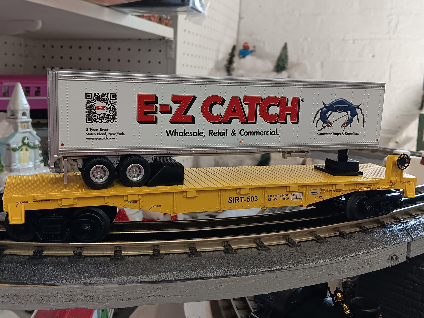 E-Z Catch Custom MTH # 30-76985 SIRT O Gauge Flat Car # 503 w/ E-Z CATCH Trailer