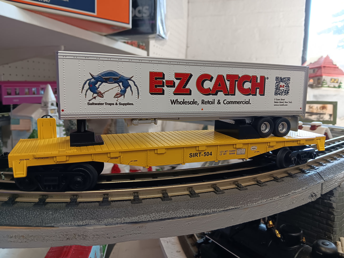 E-Z Catch Custom MTH # 30-76986 SIRT O Gauge Flat Car # 504 w/ E-Z CATCH Trailer