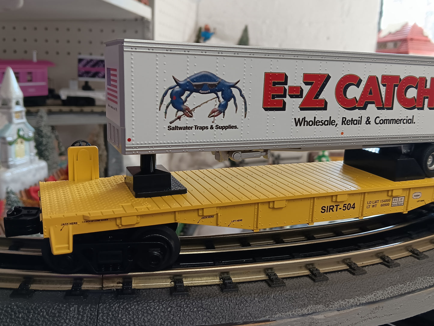 E-Z Catch Custom MTH # 30-76986 SIRT O Gauge Flat Car # 504 w/ E-Z CATCH Trailer