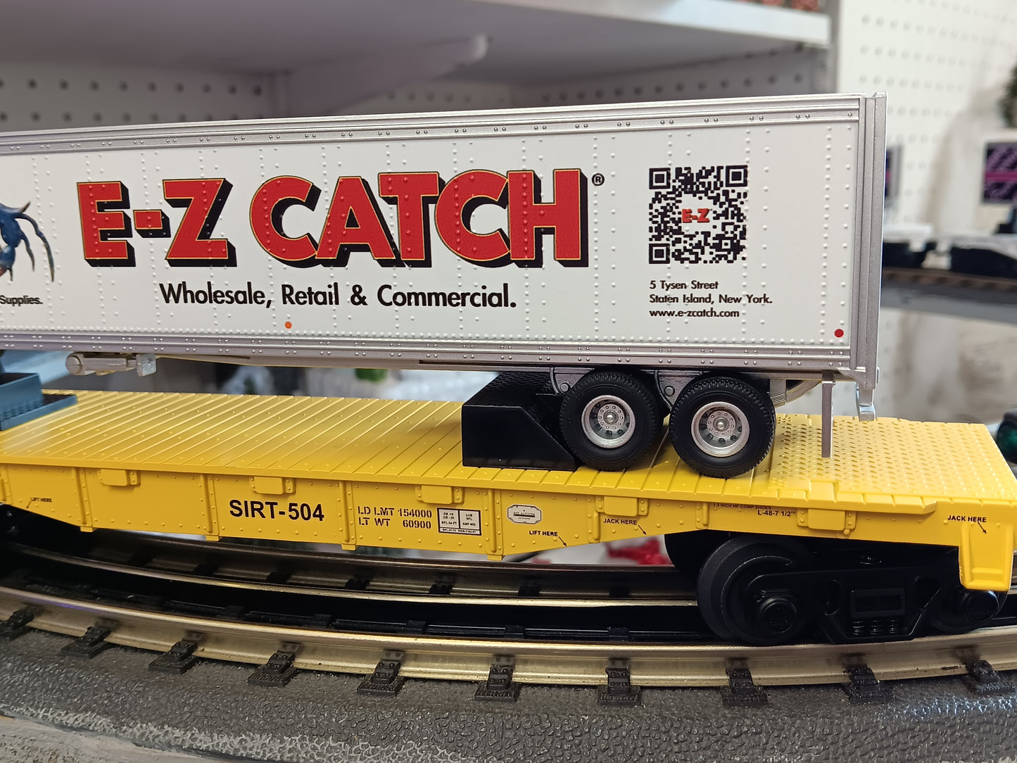 E-Z Catch Custom MTH # 30-76986 SIRT O Gauge Flat Car # 504 w/ E-Z CATCH Trailer