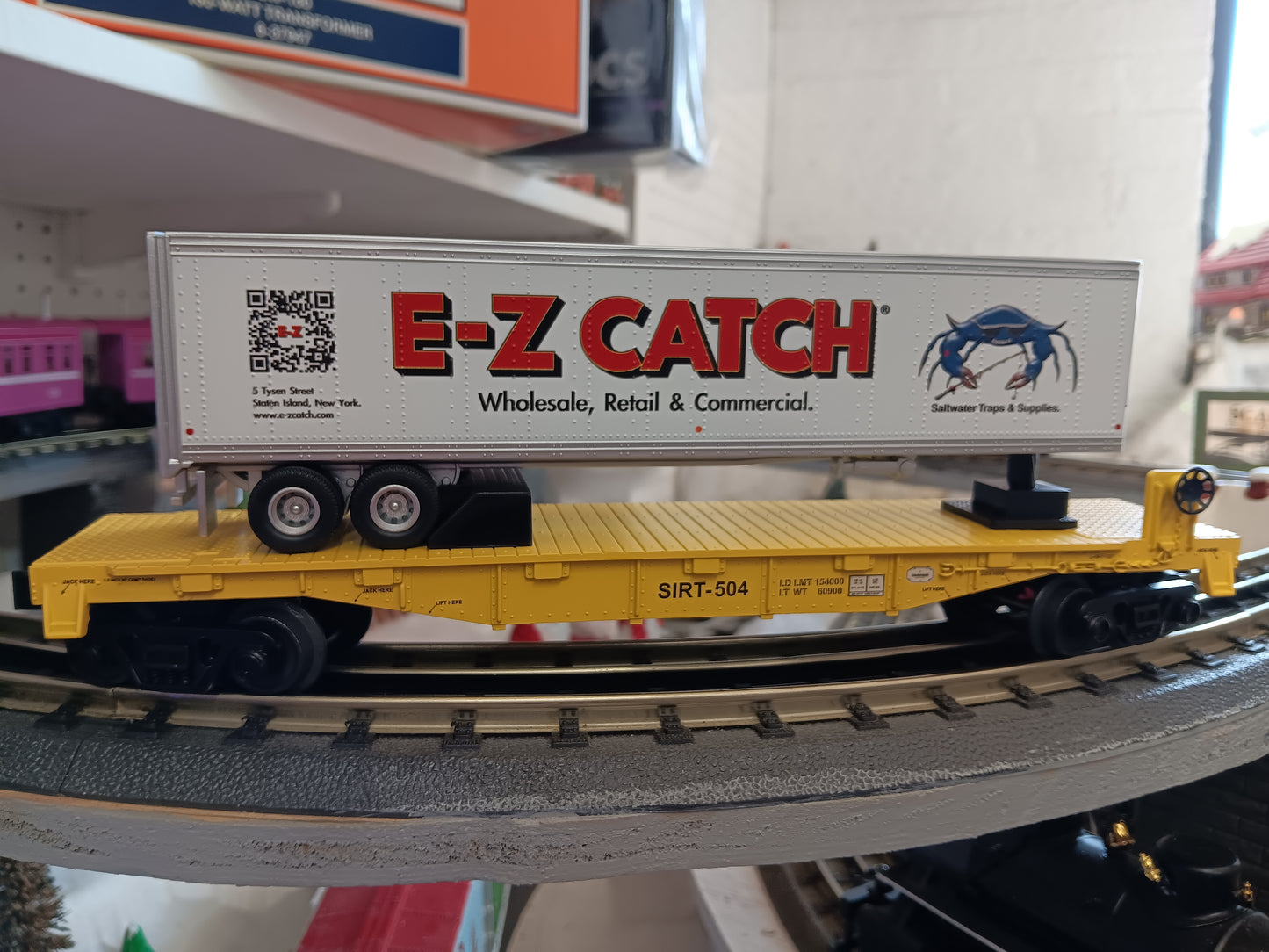 E-Z Catch Custom MTH # 30-76986 SIRT O Gauge Flat Car # 504 w/ E-Z CATCH Trailer