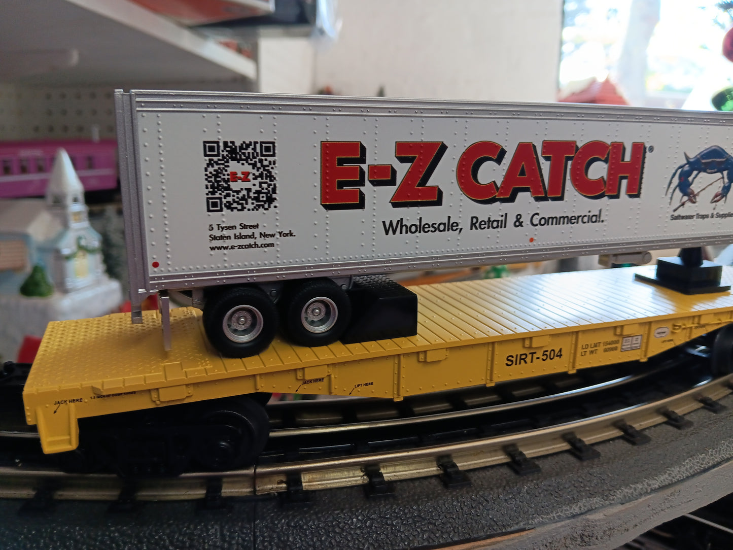 E-Z Catch Custom MTH # 30-76986 SIRT O Gauge Flat Car # 504 w/ E-Z CATCH Trailer