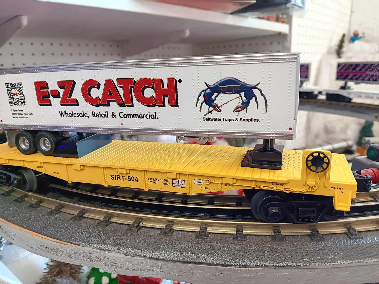 E-Z Catch Custom MTH # 30-76986 SIRT O Gauge Flat Car # 504 w/ E-Z CATCH Trailer