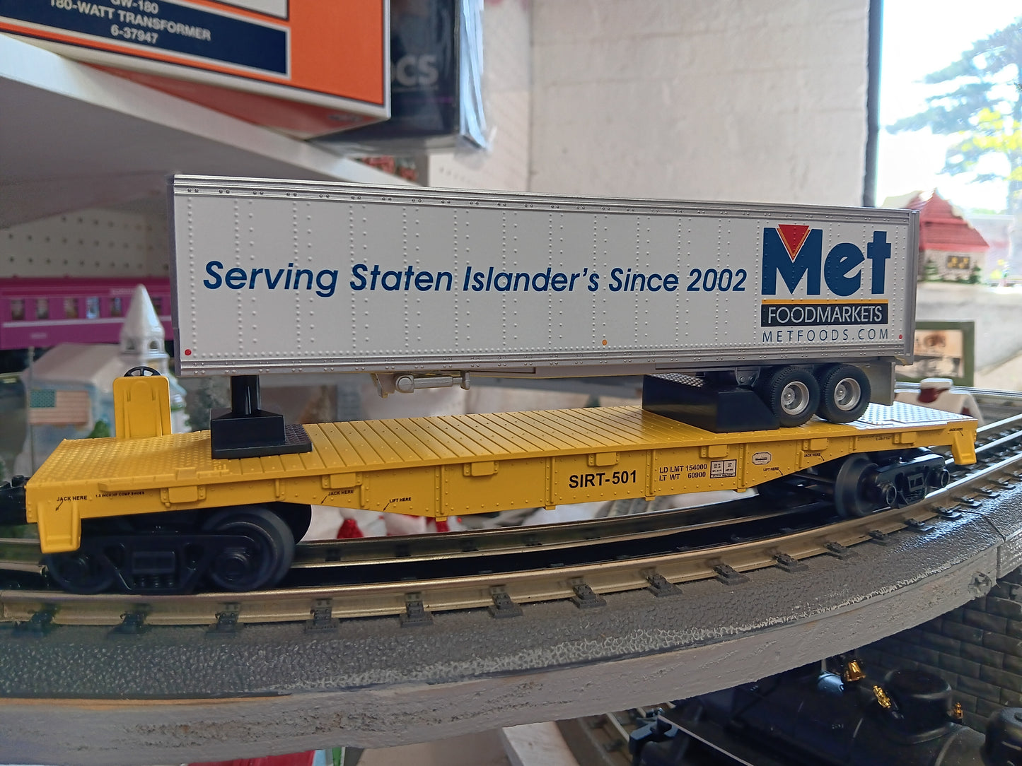 E-Z Catch Custom MTH # 30-76987 SIRT O Gauge Flat Car # 501 w/ MET FOODS Trailer