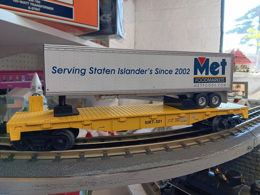E-Z Catch Custom MTH # 30-76987 SIRT O Gauge Flat Car # 501 w/ MET FOODS Trailer
