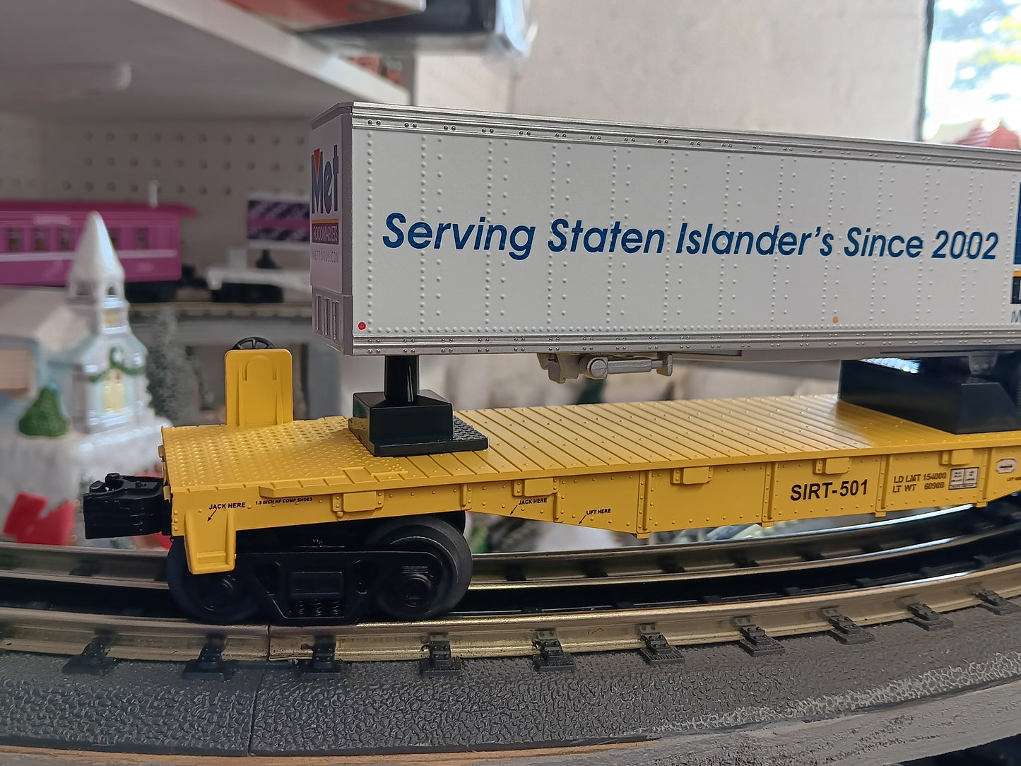 E-Z Catch Custom MTH # 30-76987 SIRT O Gauge Flat Car # 501 w/ MET FOODS Trailer