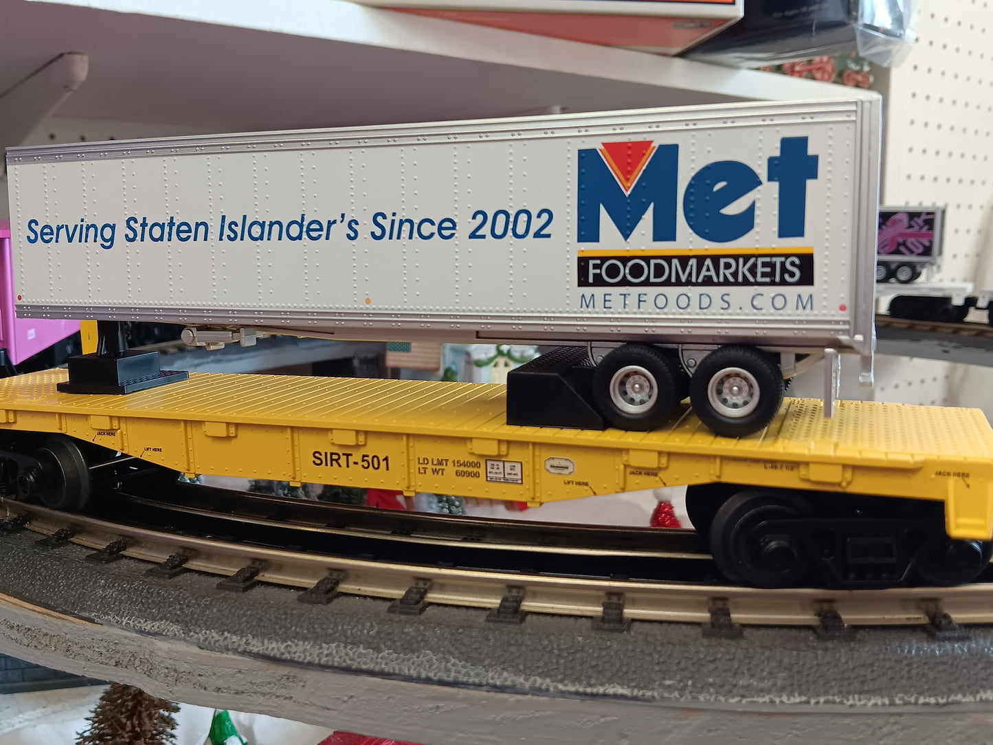 E-Z Catch Custom MTH # 30-76987 SIRT O Gauge Flat Car # 501 w/ MET FOODS Trailer