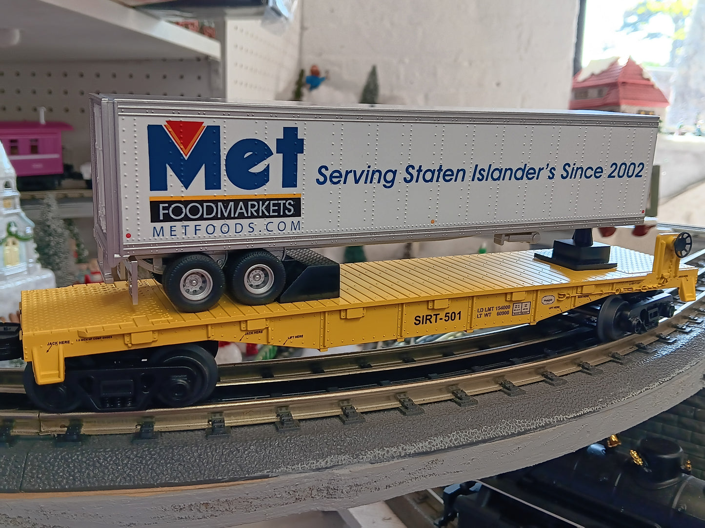E-Z Catch Custom MTH # 30-76987 SIRT O Gauge Flat Car # 501 w/ MET FOODS Trailer