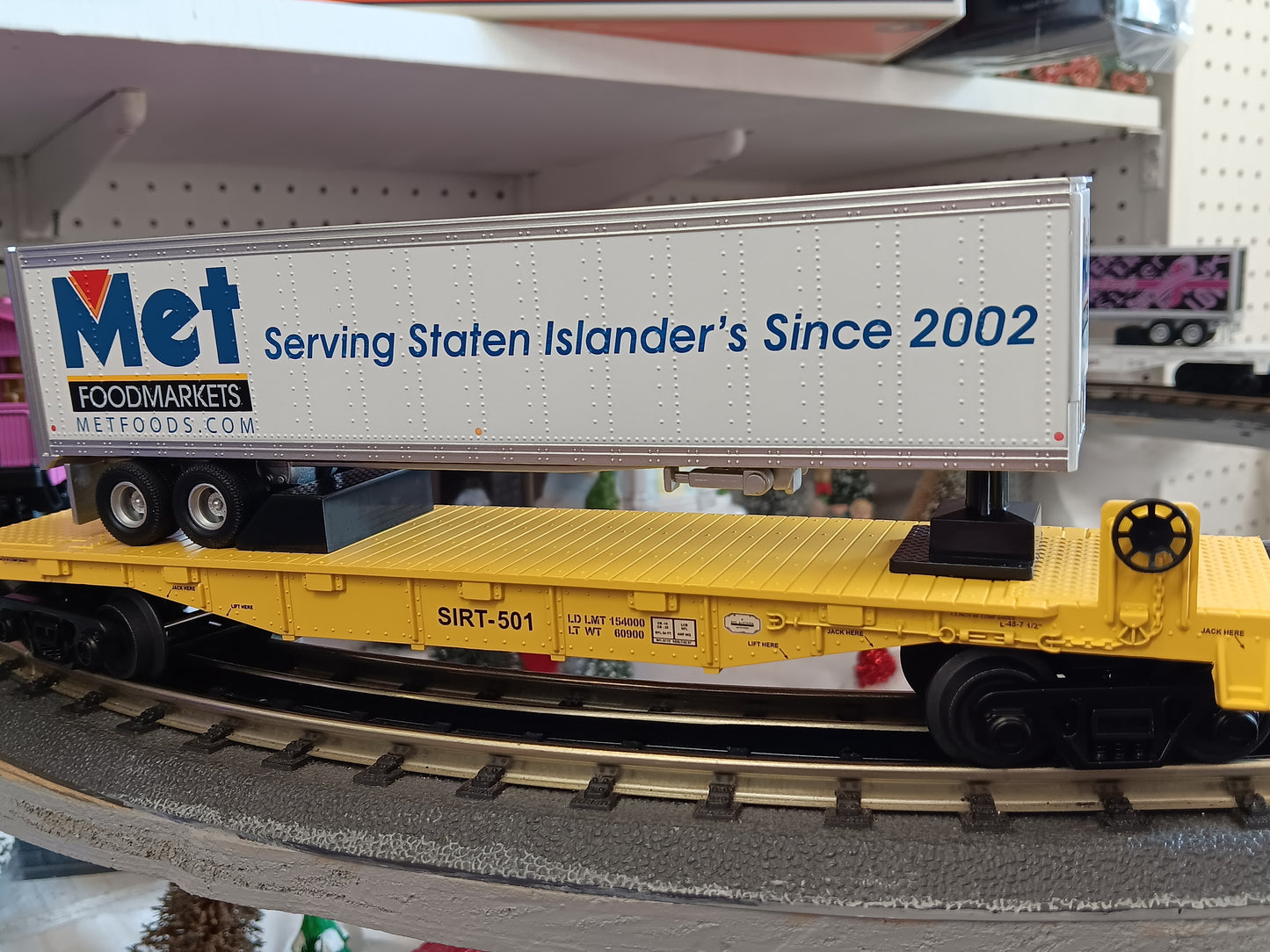 E-Z Catch Custom MTH # 30-76987 SIRT O Gauge Flat Car # 501 w/ MET FOODS Trailer