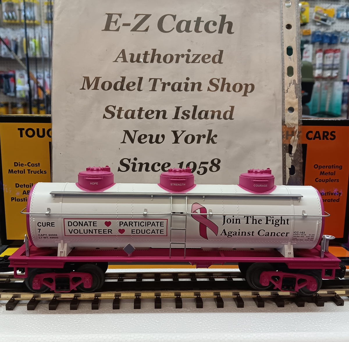 E-Z Catch Custom MTH RailKing # 30-73672 Cancer Awareness 3-Dome Tank Car Rd # Cure 7