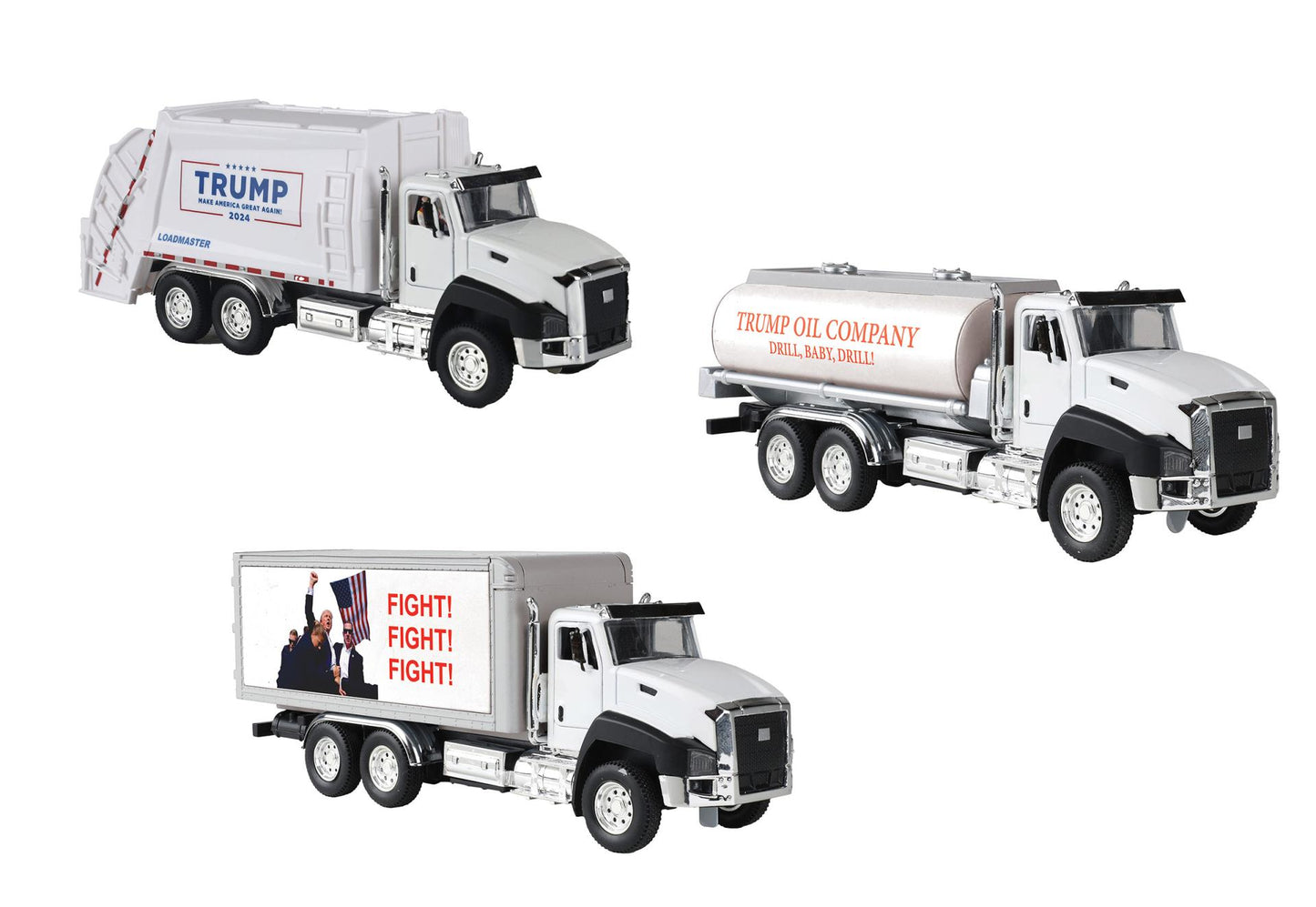 * Special Price $49.99 * MTH RailKing #30-50122 O Gauge Donald J. Trump 3 Pack Roadster Truck Vehicle Set