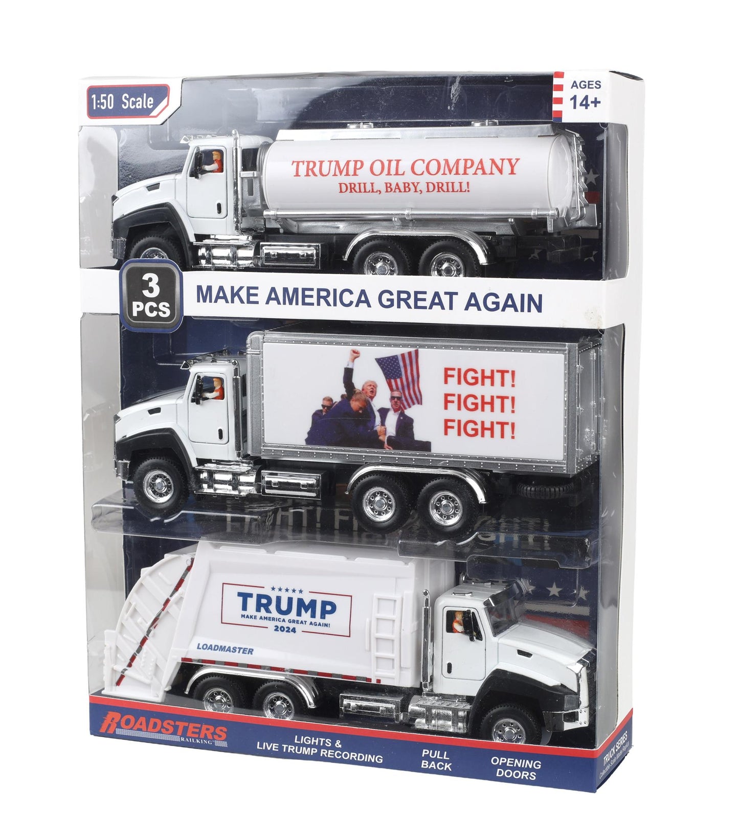 * Special Price $49.99 * MTH RailKing #30-50122 O Gauge Donald J. Trump 3 Pack Roadster Truck Vehicle Set
