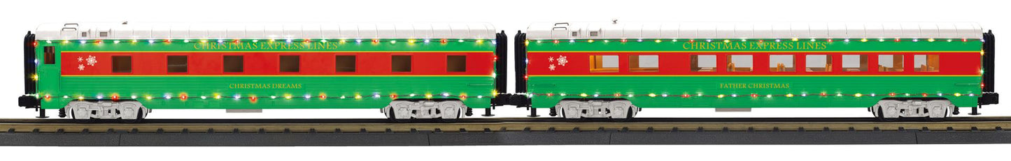 MTH O Gauge RailKing Christmas 2-Car 60’ Streamlined Sleeper/Diner w/LED Lights # 30-68287