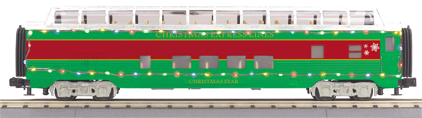 MTH RailKing O Gauge # 30-68289 Christmas 60’ Streamlined Full-Length Vista Dome Car w/LED Lights