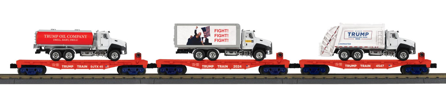 Donald J. Trump O Gauge RailKing 3-Car Flat Car w/ Truck Load Set