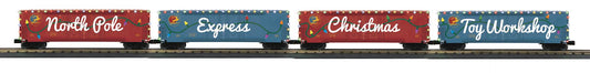 MTH RailKing O Gauge # 30-70152 Christmas 4-Car 50’ Double Door Plugged Boxcar Set With LED Lights Set