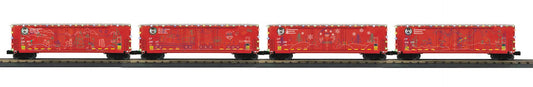 MTH RailKing # 30-70154 ( E-Z Catch Custom )  RailKing CPKCS (Mural) 4-Car 50' DD Box Car with LEDs Set