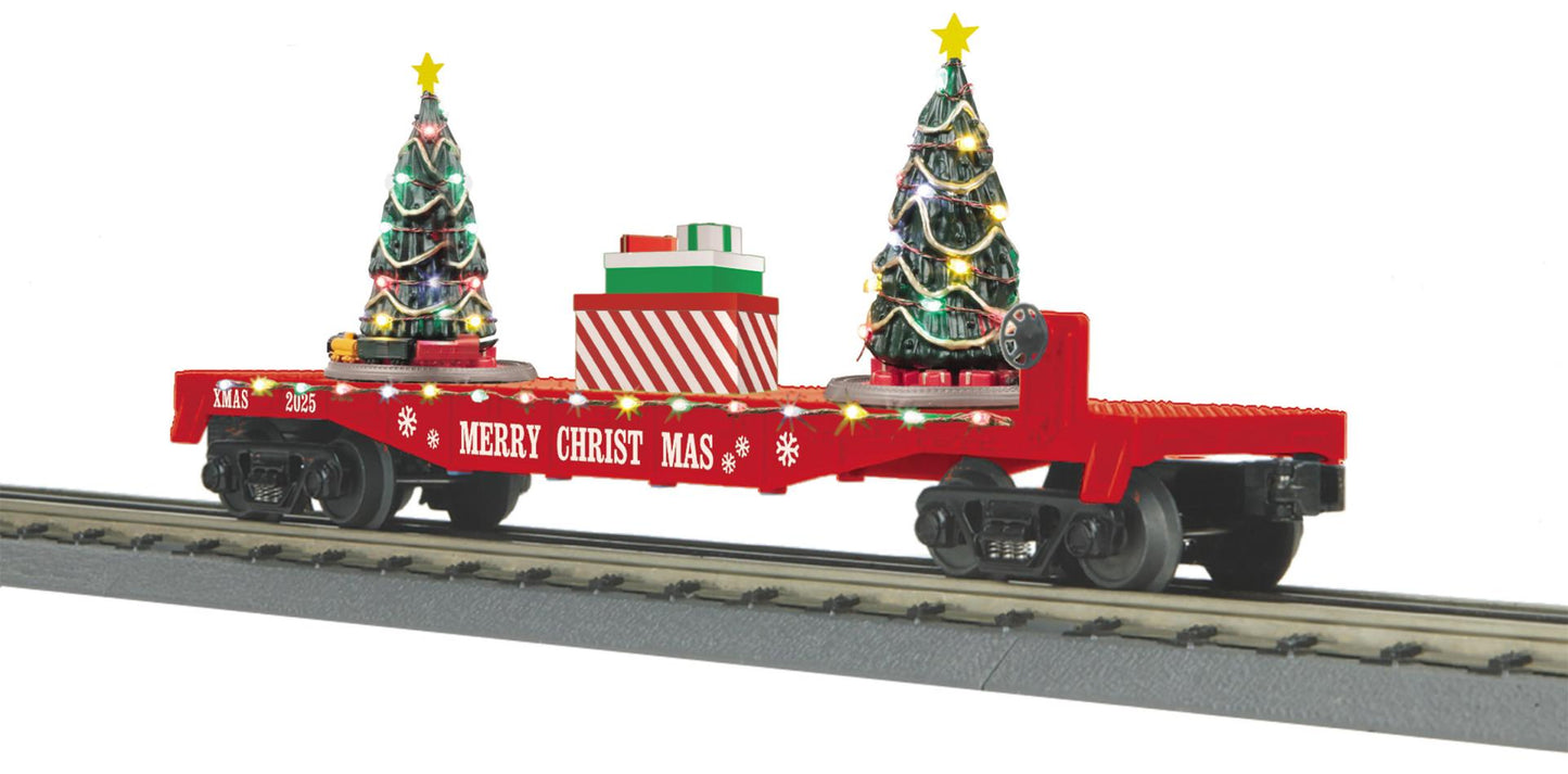 MTH RailKing # 30-76942 O Gauge Christmas (Red) Flat Car w/Lighted Christmas Trees