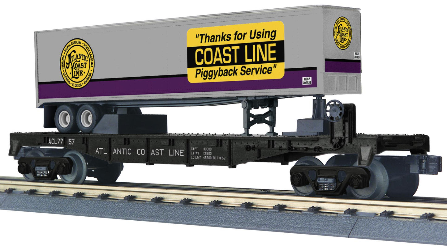 * Pre-Order * ETA September 2026 MTH O Gauge RailKing # 30-76962 Atlantic Coast Line Flat Car w/40’ Trailer