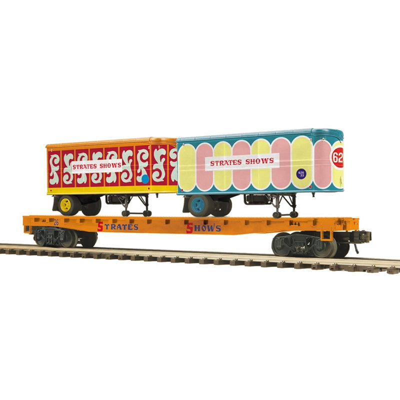 Atlas O # 3002597, 3002598, & 3002899 * 3 Car Set * 3RL PREMIER FLAT CAR W/TWO 20' TRAILERS STRATES SHOWS #16, #26, and #66