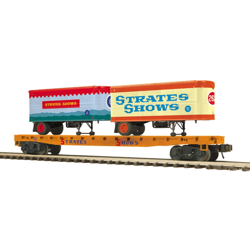 Atlas O # 3002597, 3002598, & 3002899 * 3 Car Set * 3RL PREMIER FLAT CAR W/TWO 20' TRAILERS STRATES SHOWS #16, #26, and #66
