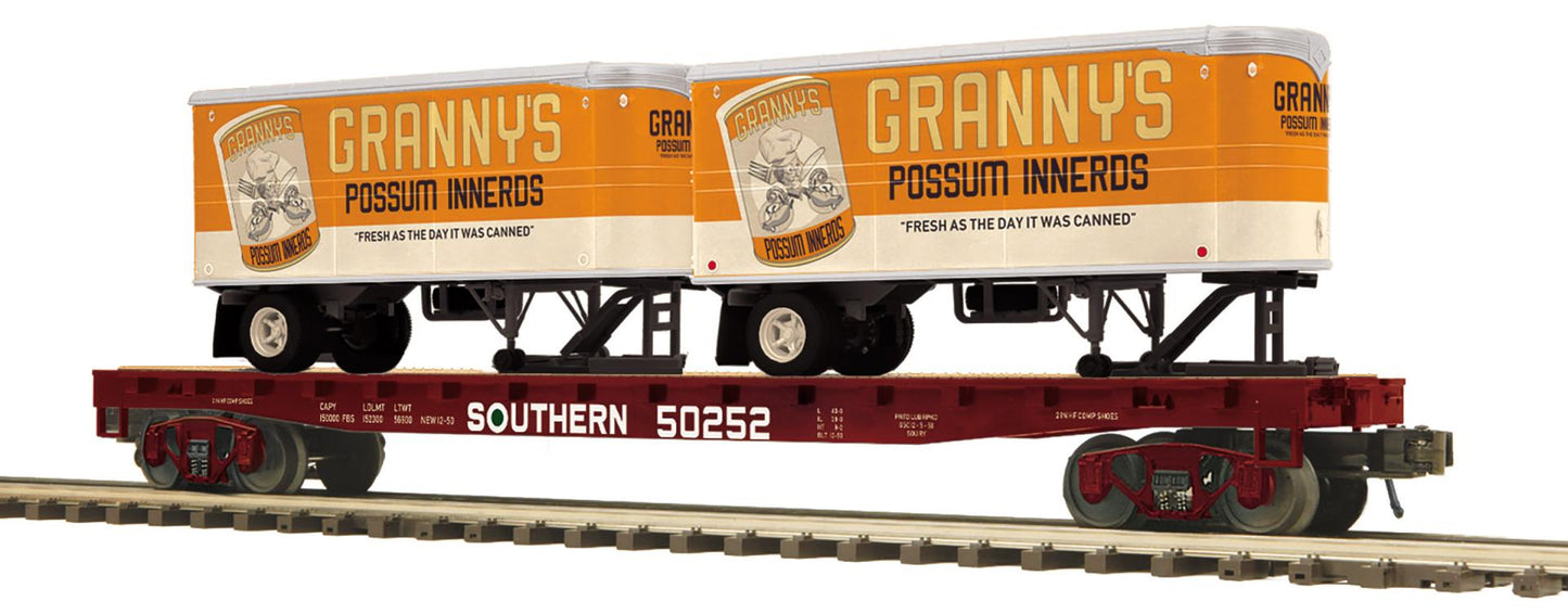 *PRE-ORDER* MTH O Scale Premier # 20-95909 Southern Flat Car w/ Two Pup Trailers Choose Car # 50252 or 50258