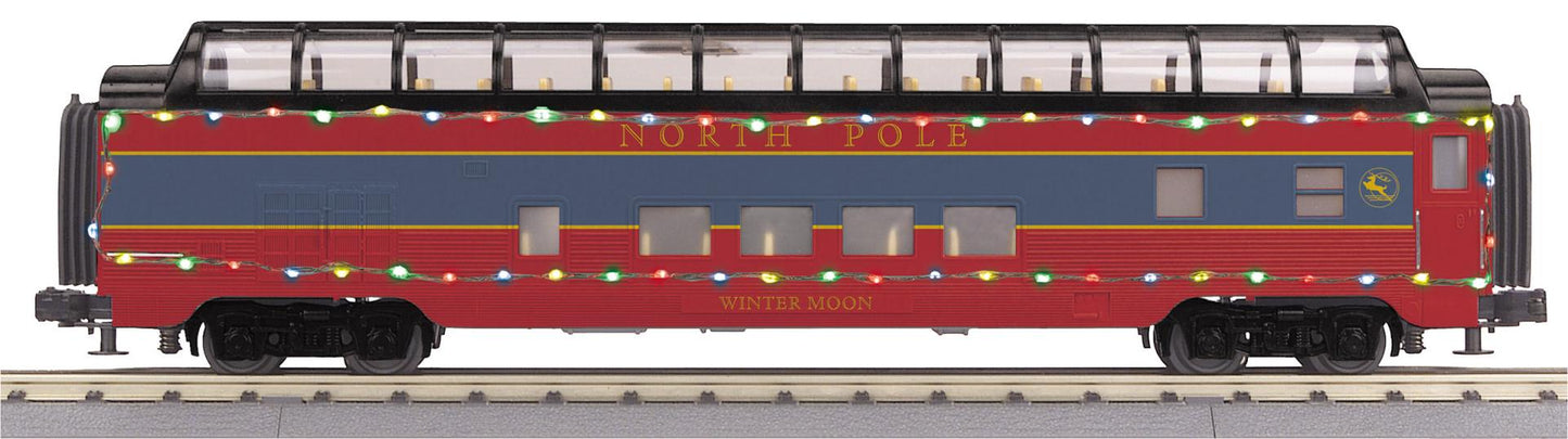 *PRE-ORDER* MTH RailKing # 30-68313  O Gauge North Pole 60’ Streamlined Full-Length Vista Dome Car w/LED Lights