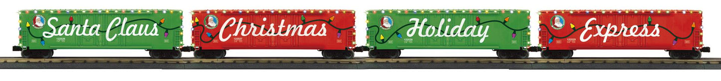 *PRE-ORDER* MTH RailKing # 30-70170 O Gauge Christmas 4-Car 50’ Double Door Plugged Boxcar Set With LED Lights Set (ETA Nov 2026)