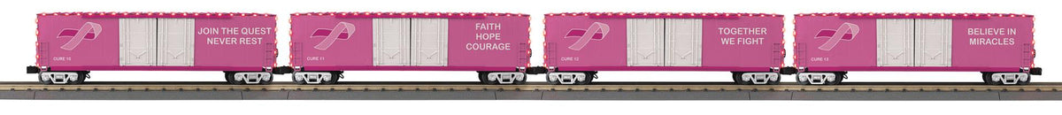 *PRE-ORDER* Custom MTH RailKing # 30-70172 Cancer Awareness 4-Car 50' Double Door Box Car Artwork w/ Red LED Lights (ETA Late 2026)