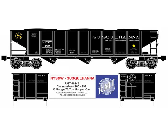 RMT 66243 O Gauge 70 Ton 3-Bay Coal Hopper w/ Load SUSQUEHANNA “SUSIE Q”