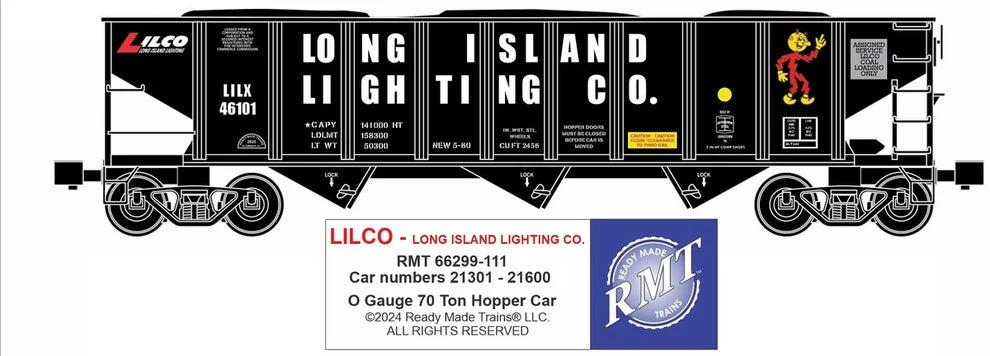 RMT 66299-111 O Gauge 70 Ton 3-Bay Coal Hopper w/ Load LONG ISLAND LIGHTING CO.