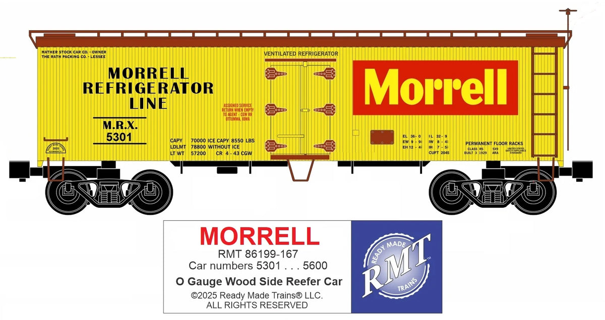 RMT 86199-167 O Gauge 36’ Woodside Reefer Car MORRELL