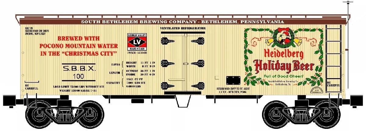RMT 86199-179 O Gauge 36’ Woodside Reefer Car LEHIGH VALLEY Heidelberg Holiday Beer