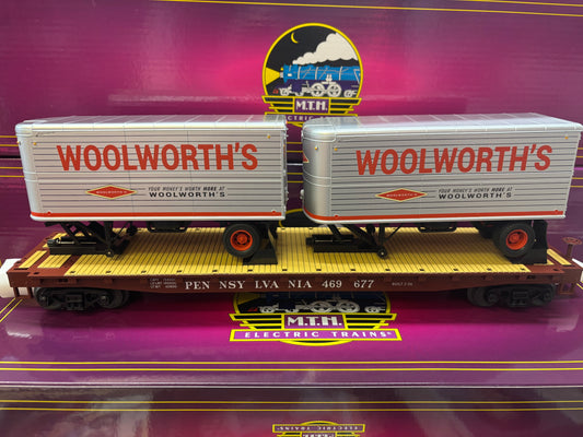 ( SOLD OUT ) MTH Premier # 20-95763 Woolworth's Pup Trailers on Pennsy Flat Car # 469677