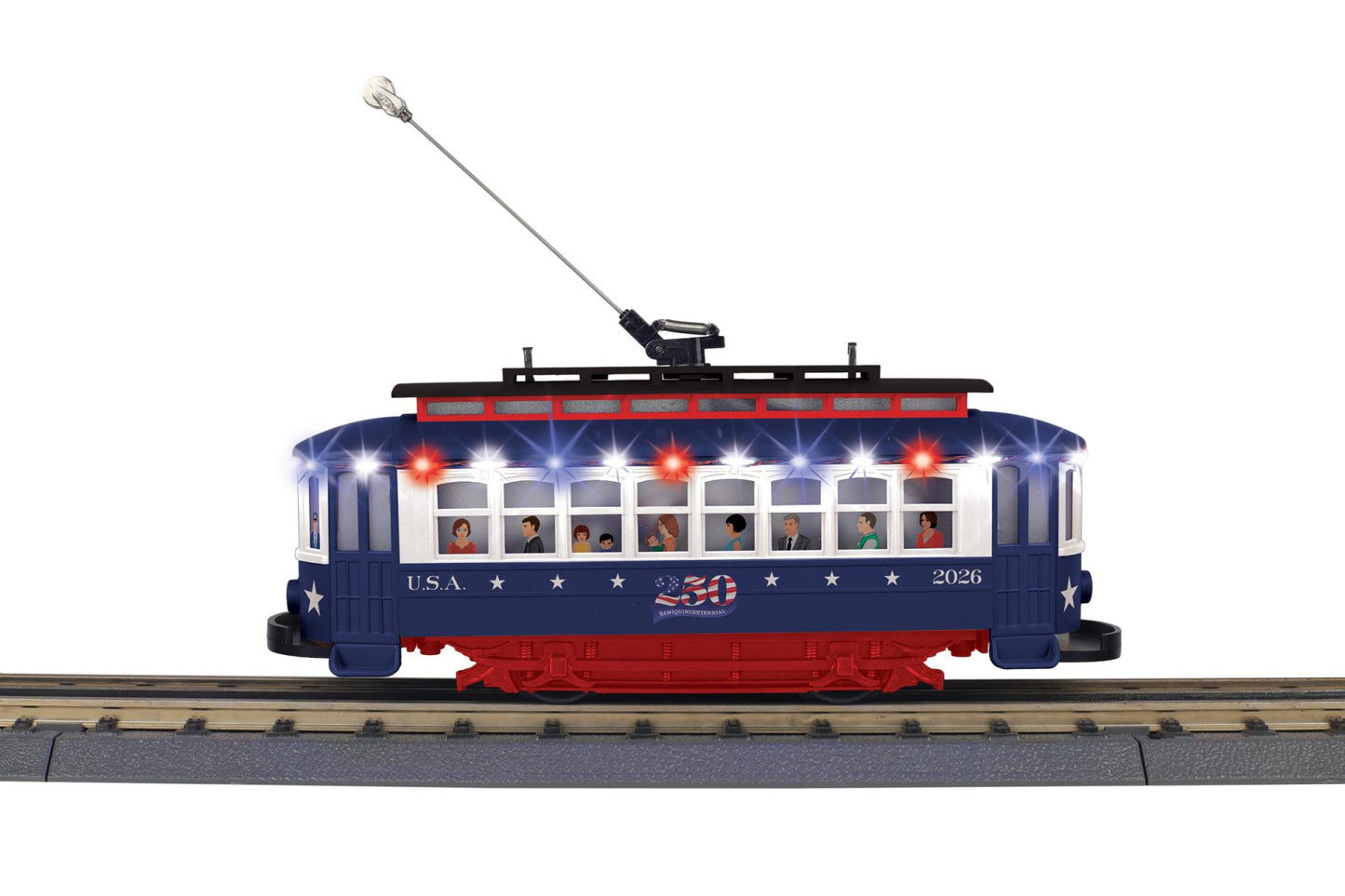*PRE-ORDER* MTH # 30-5272 O Gauge RailKing Semiquincentennial Bump-n-Go Trolley With LED Lights Rd # 2026 - ETA 2027