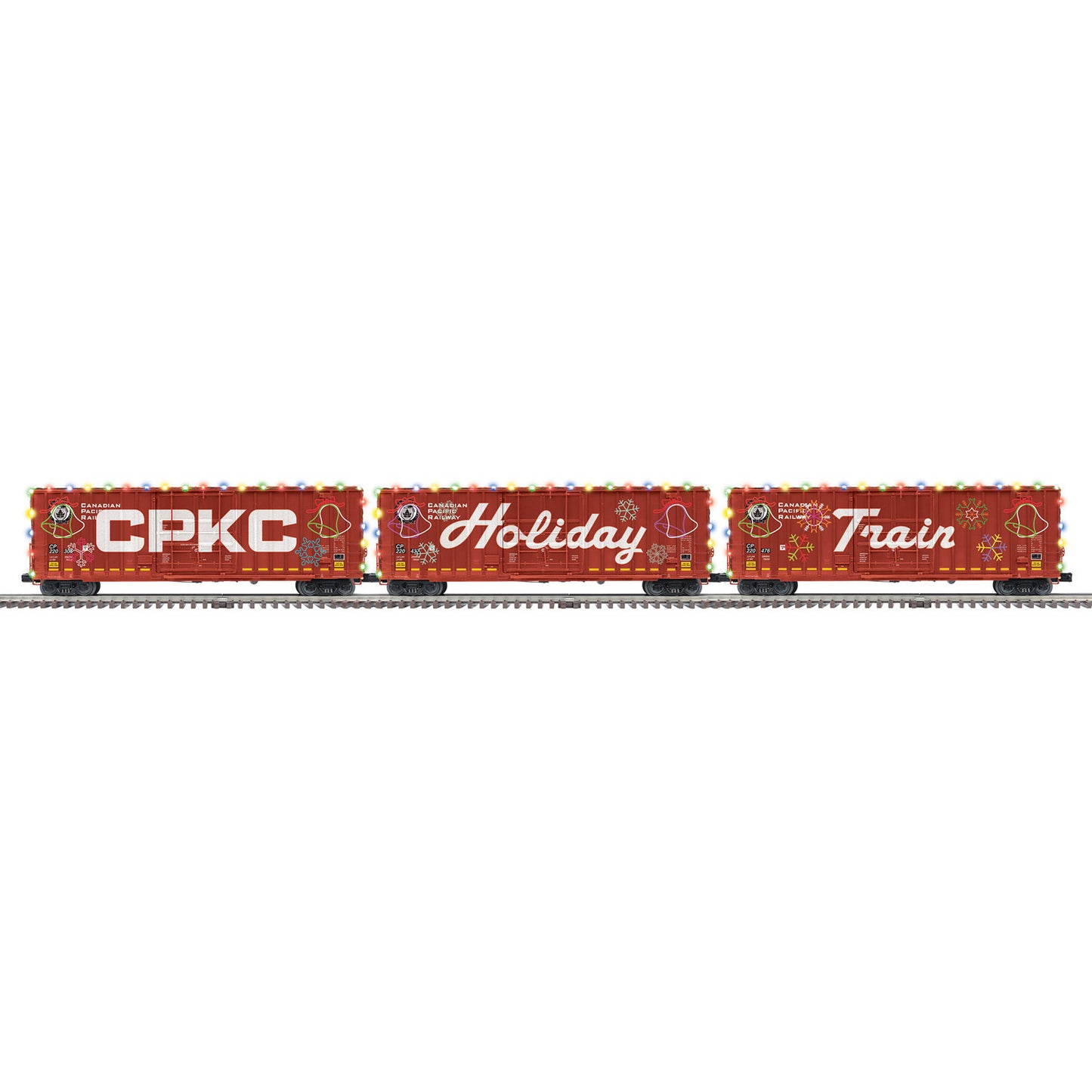 PRE-ORDER Atlas O Premier #3003115 50' Gunderson Box Car CPKC Holiday Train 3 Car Set with Operating LED Lighting 220305, 220437, 220476  (RED/WHITE) - 3RL