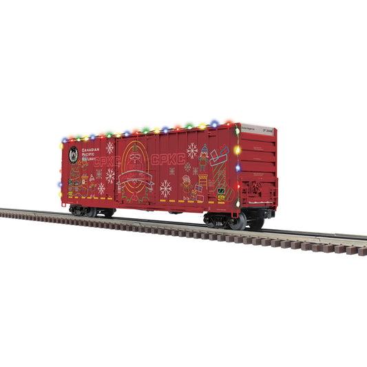PRE-ORDER Atlas O Premier #3003114 50' Gunderson Box Car CPKC Holiday Train ADD ON CAR w/ decorative lighting 220488 - pairs w/ 3 Car Set  (RED/WHITE) - 3RL