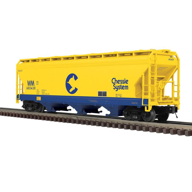 PRE-ORDER Atlas O Premier #3003096 3-BAY CENTERFLOW HOPPER CARS CHESSIE SYSTEM (WM) Choose Rd # 602430 or 602436 (YELLOW/BLUE) - 3RL