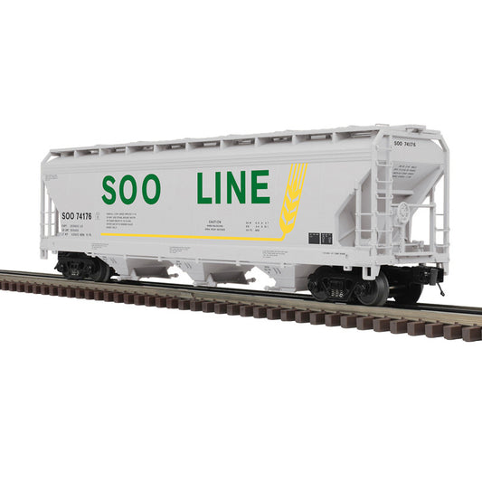 PRE-ORDER Atlas O Premier #3003099 3-BAY CENTERFLOW HOPPER CARS SOO Choose Rd # 74176 or 74230 (WHITE/GREEN/YELLOW) - 3RL