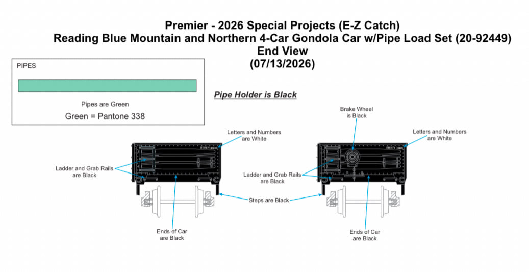 *PRE-ORDER* E-Z Catch Exclusive MTH Premier # 20-92449 Reading Blue Mountain & Northern 4-Car Gondola Car w/ Pipe Load Set - 3 Rail - ETA 2027