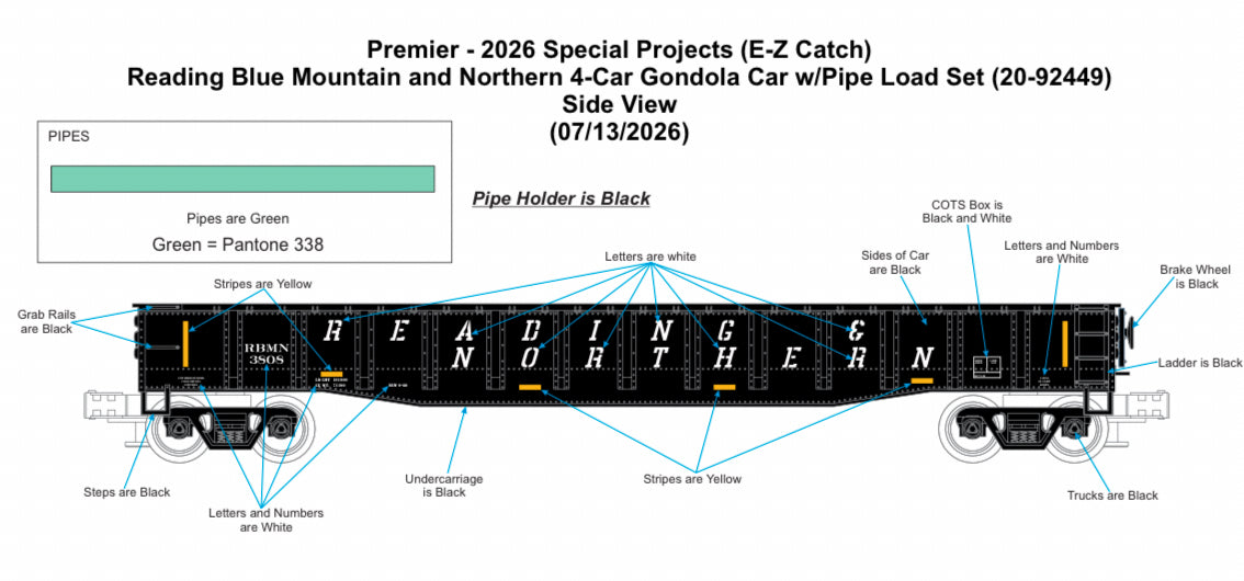 *PRE-ORDER* E-Z Catch Exclusive MTH Premier # 20-92449 Reading Blue Mountain & Northern 4-Car Gondola Car w/ Pipe Load Set - 3 Rail - ETA 2027