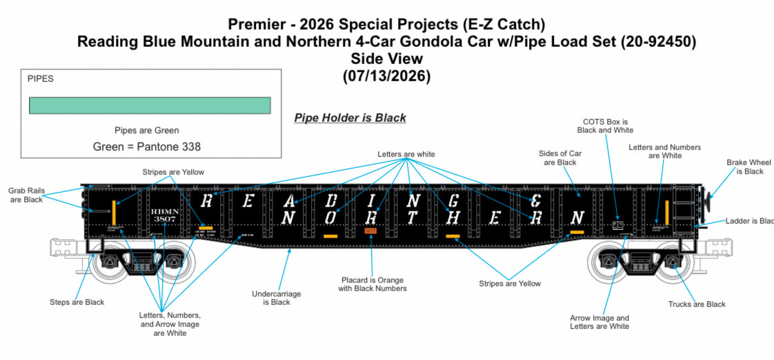 *PRE-ORDER* E-Z Catch Exclusive MTH Premier # 20-92450 Reading Blue Mountain & Northern 4-Car Gondola Car w/ Pipe Load Set - 3 Rail - ETA 2027