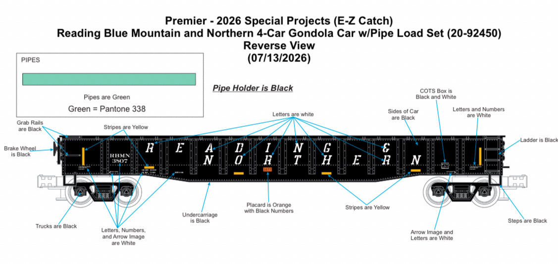 *PRE-ORDER* E-Z Catch Exclusive MTH Premier # 20-92450 Reading Blue Mountain & Northern 4-Car Gondola Car w/ Pipe Load Set - 3 Rail - ETA 2027